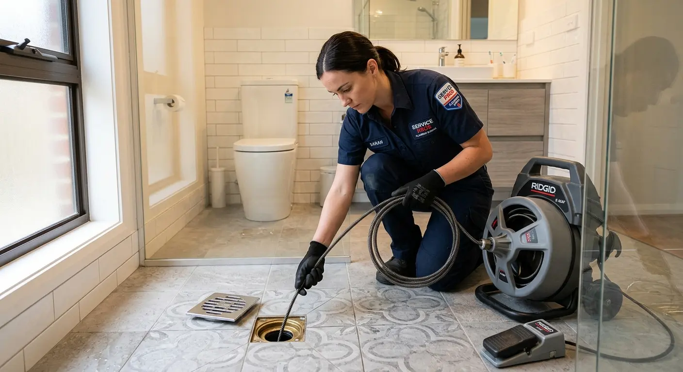 Technician clearing a bathroom floor drain for Sewer Line Replacement in Upper Merion